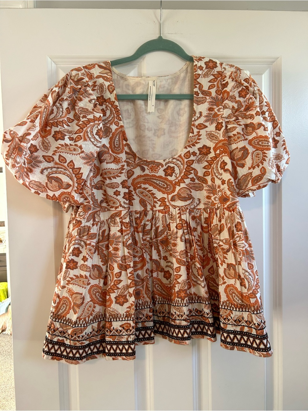 Anthropologie Cream & Rust Paisley Scoop-Neck Peplum Top
